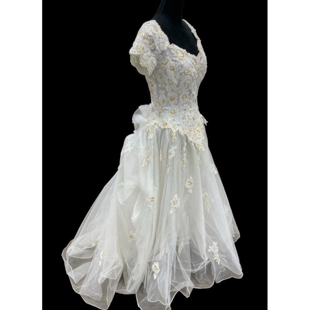 Princess Ball Gown Wedding Dress Sz 16 Faux Pearl Lace Applique Off Shoulder D30 - Picture 5 of 11